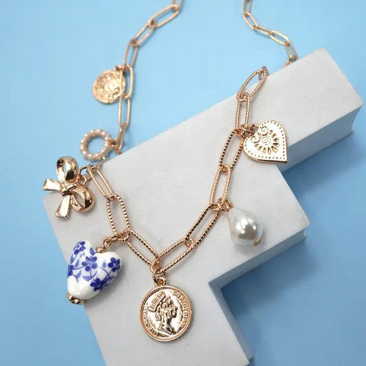 Ceramic Porcelain Bow Heart Charm Link Necklace |
